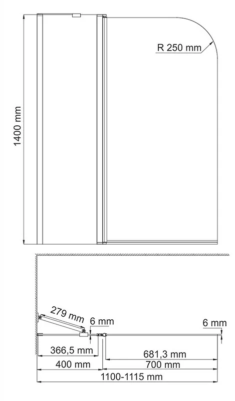 Wasserkraft  Leine 35P02-110 Fixed Стеклянная шторка 110 см на ванну — фото №2